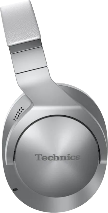 Ezüst Technics fejhallgató, felülnézet, fehér fejpánt, elegáns design.