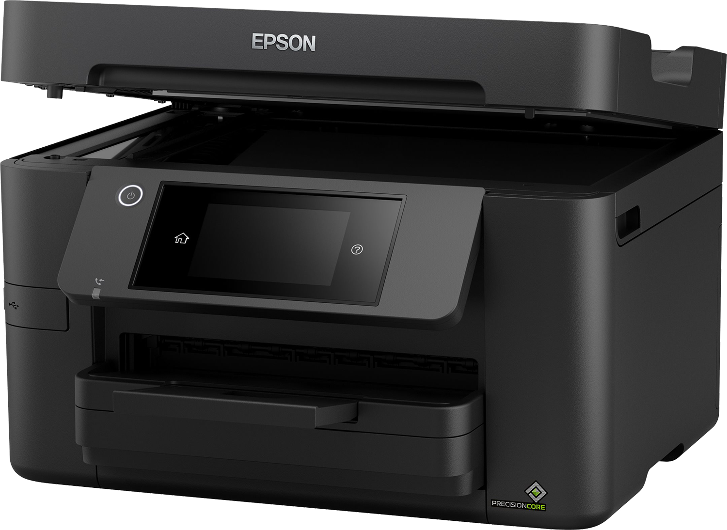 Zwarte Epson-printer met open deksel. Knoppen en een scherm zijn zichtbaar. Witte achtergrond.