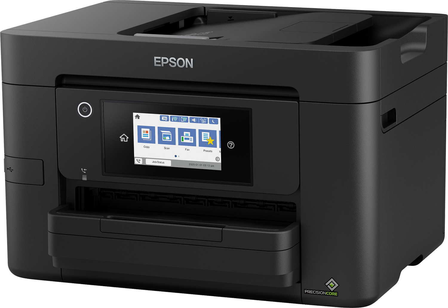 Een zwarte Epson printer met touchscreen, papierlade en bedieningsknoppen.