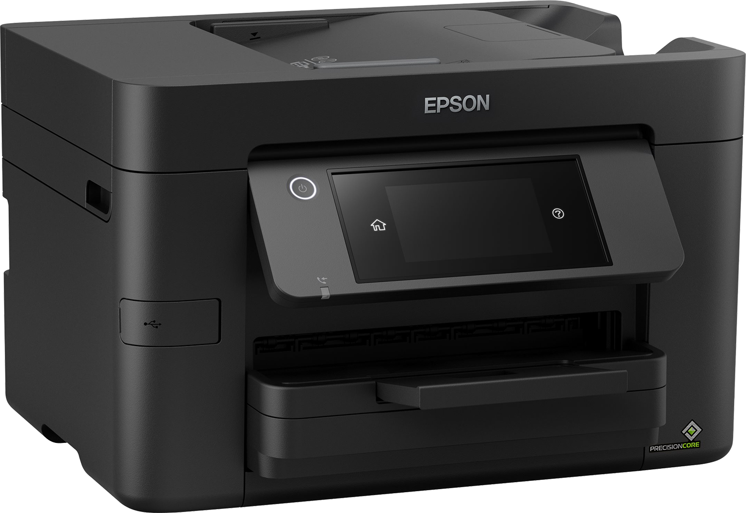 Zwarte Epson printer met scherm en knoppen. Witte achtergrond.
