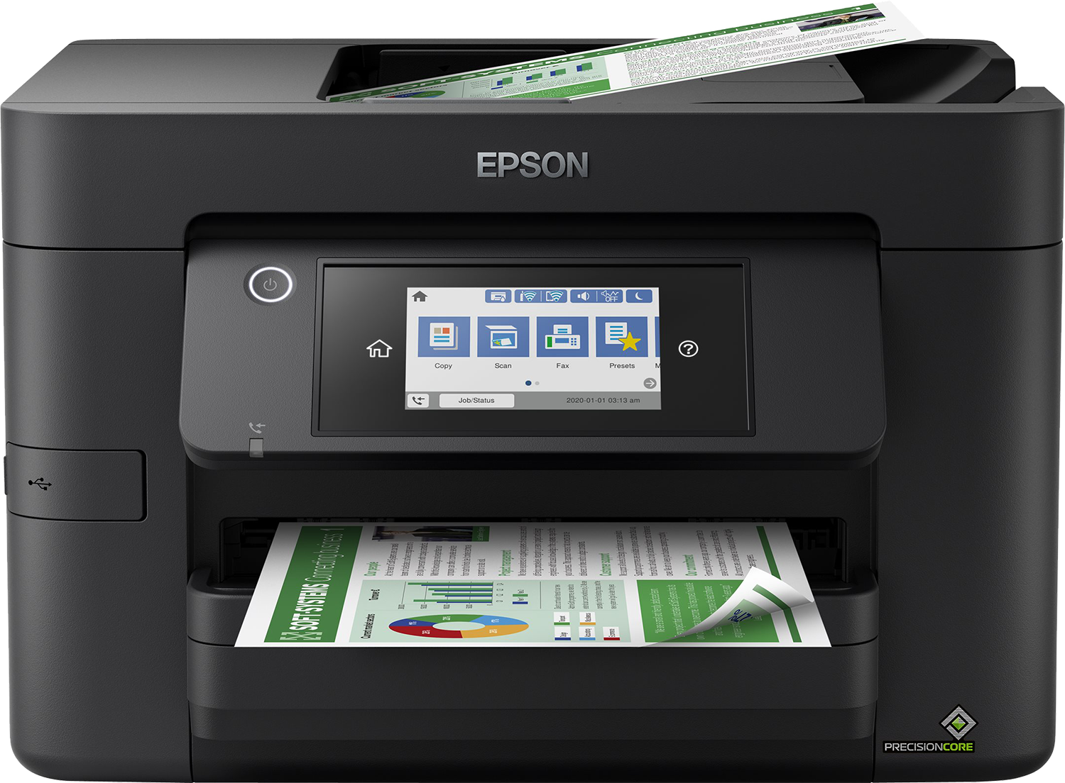 Epson printer, zwart, met een touchscreen display, papieruitvoertray.