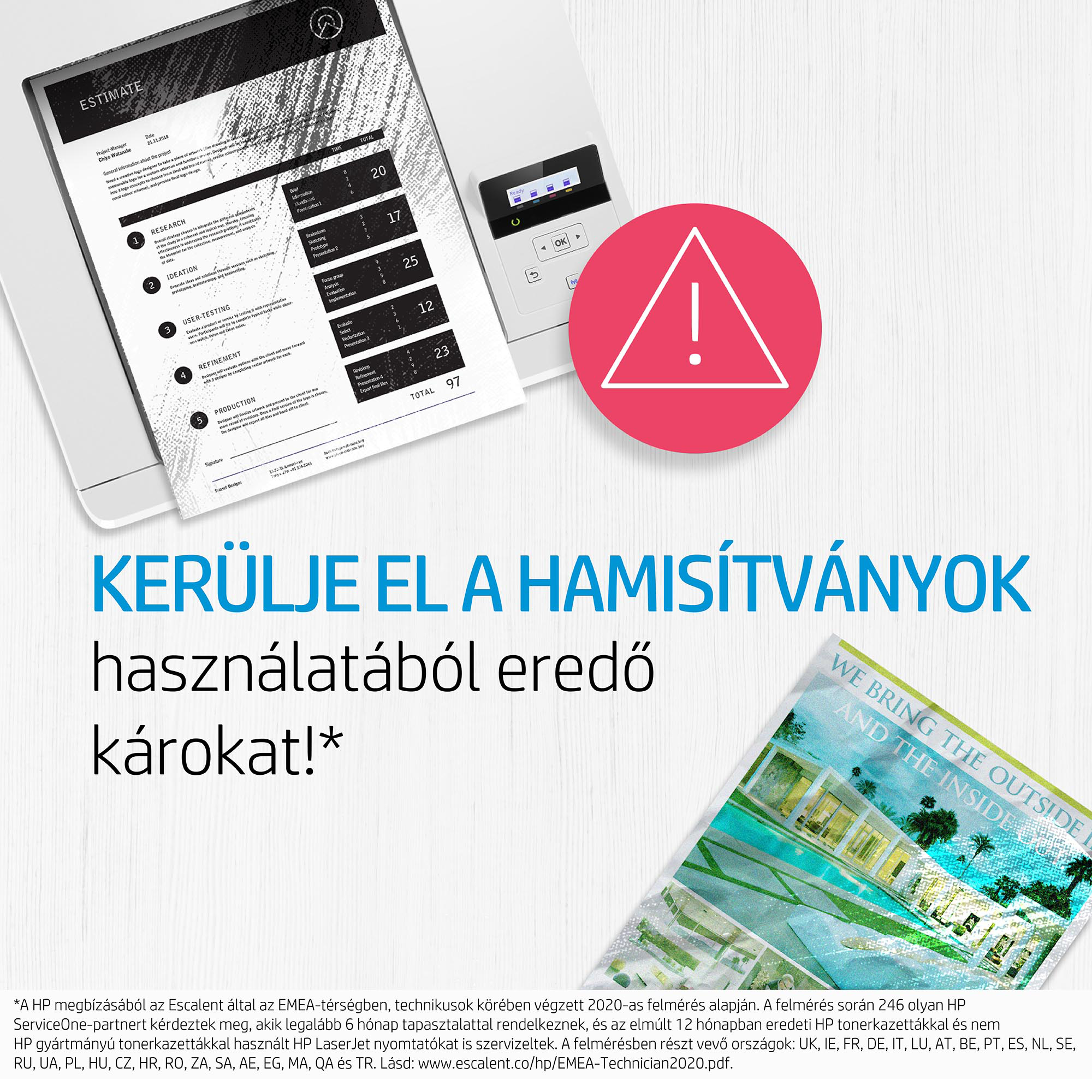 Nyomtató dokumentumokkal és piros figyelmeztető jellel. Háttérben szöveg.