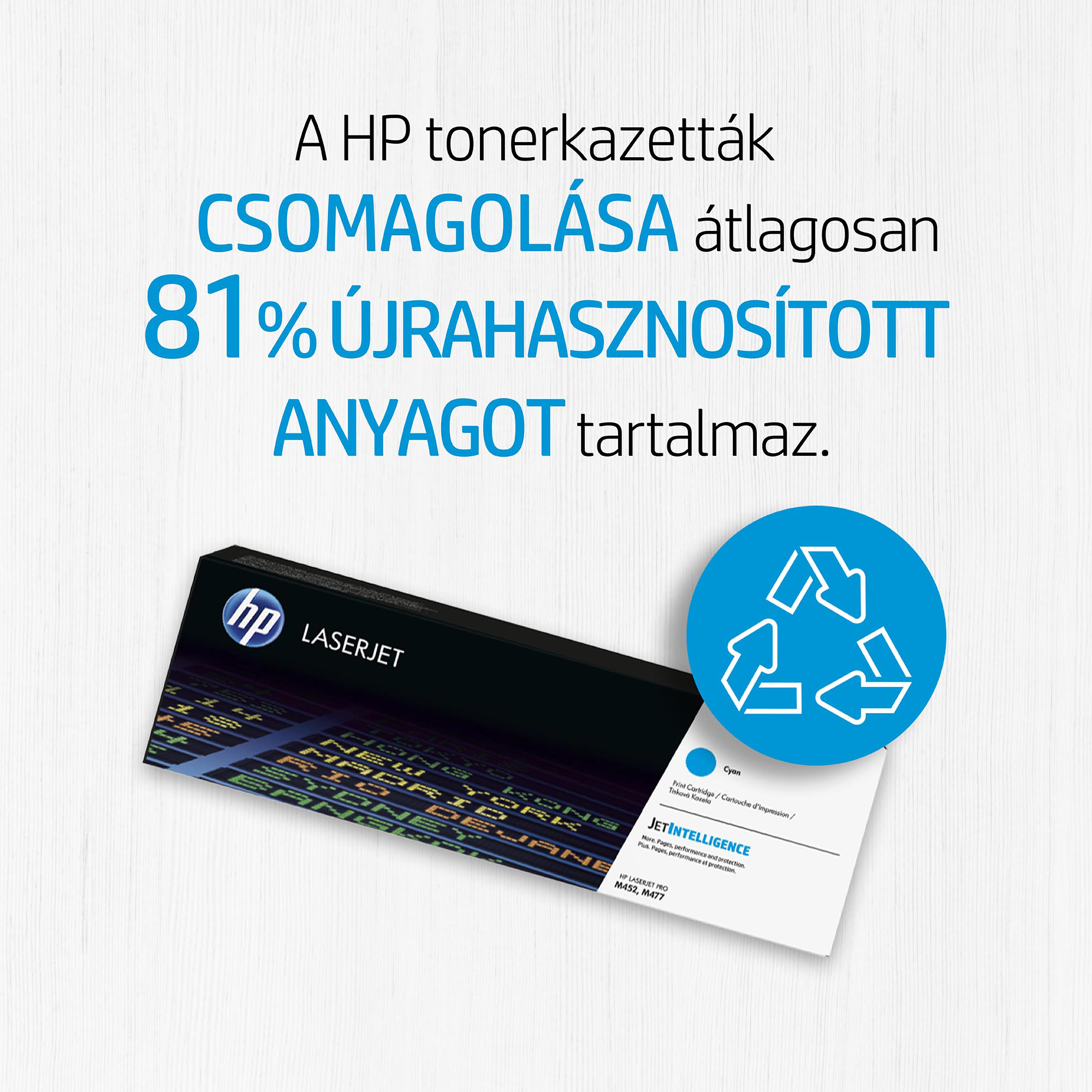 Egy HP tonerkazetta újrahasznosítási nyilakkal és újrahasznosított anyagokról szóló szöveggel.