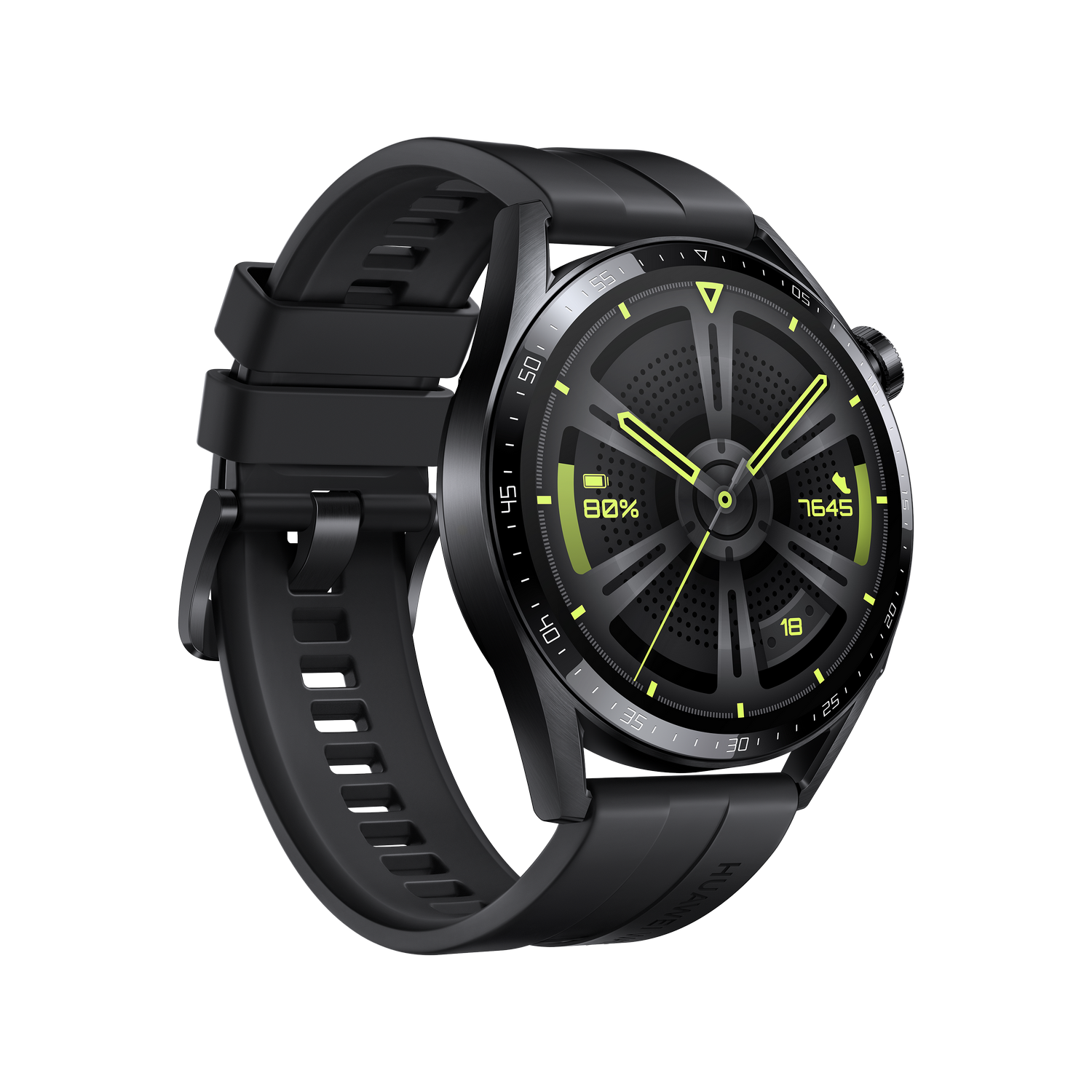 Un reloj inteligente negro con una esfera circular y una correa negra. El reloj muestra la hora y otras métricas.
