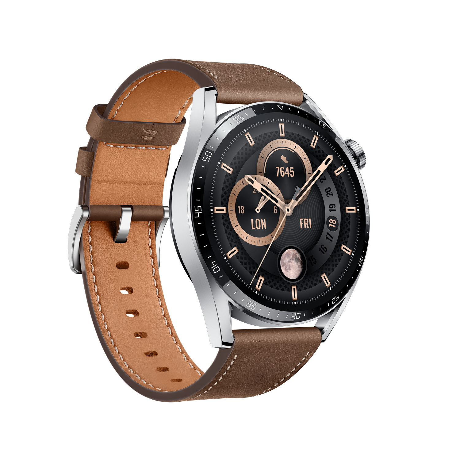 Smartwatch con correa de cuero marrón. La pantalla muestra la hora y una fase lunar.