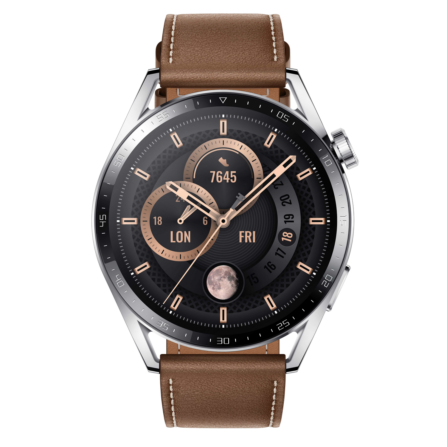 Reloj inteligente con correa de cuero marrón. La esfera es negra con detalles dorados y pantalla digital.