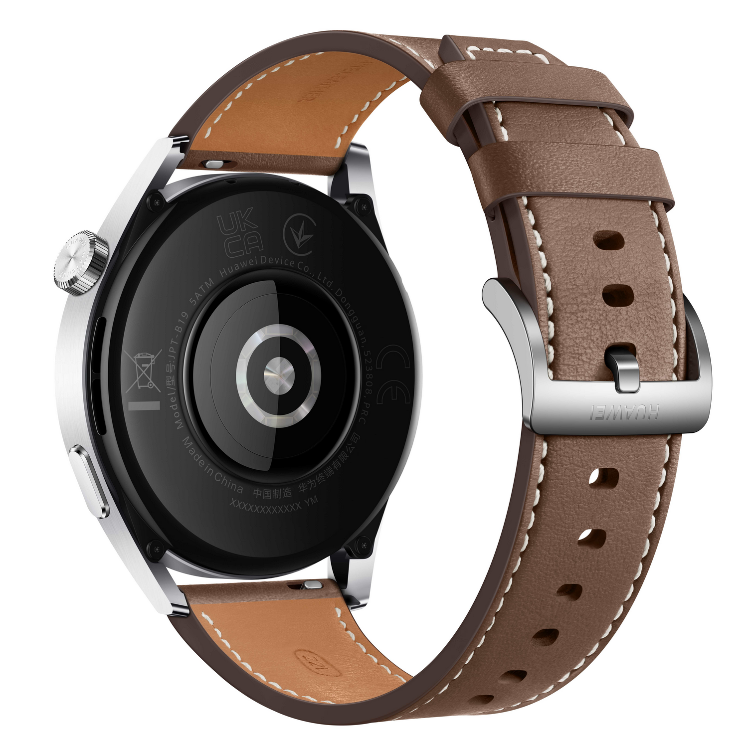 Primer plano de un reloj inteligente con correa de cuero marrón y hebilla plateada.