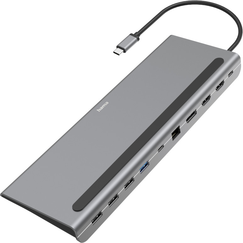Hub USB-C Hama argenté avec divers ports. Câble noir, fond gris, vue en biais.