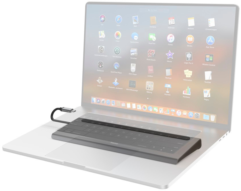 Ordinateur portable avec un clavier branché, affichant des icônes d'applications à l'écran.