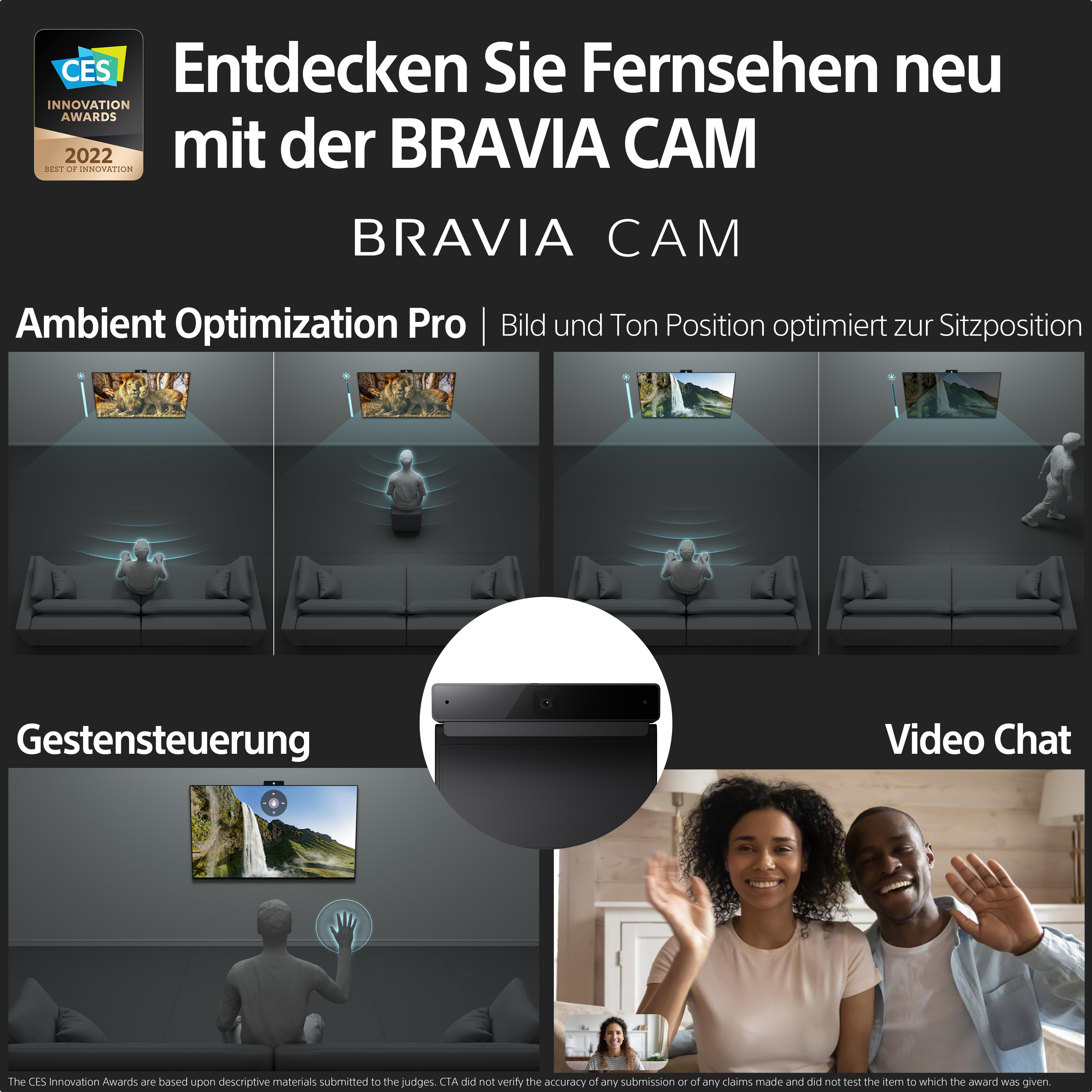 Ein Werbebild für einen Fernseher mit Funktionen wie Bravia Cam und Gestensteuerung.
