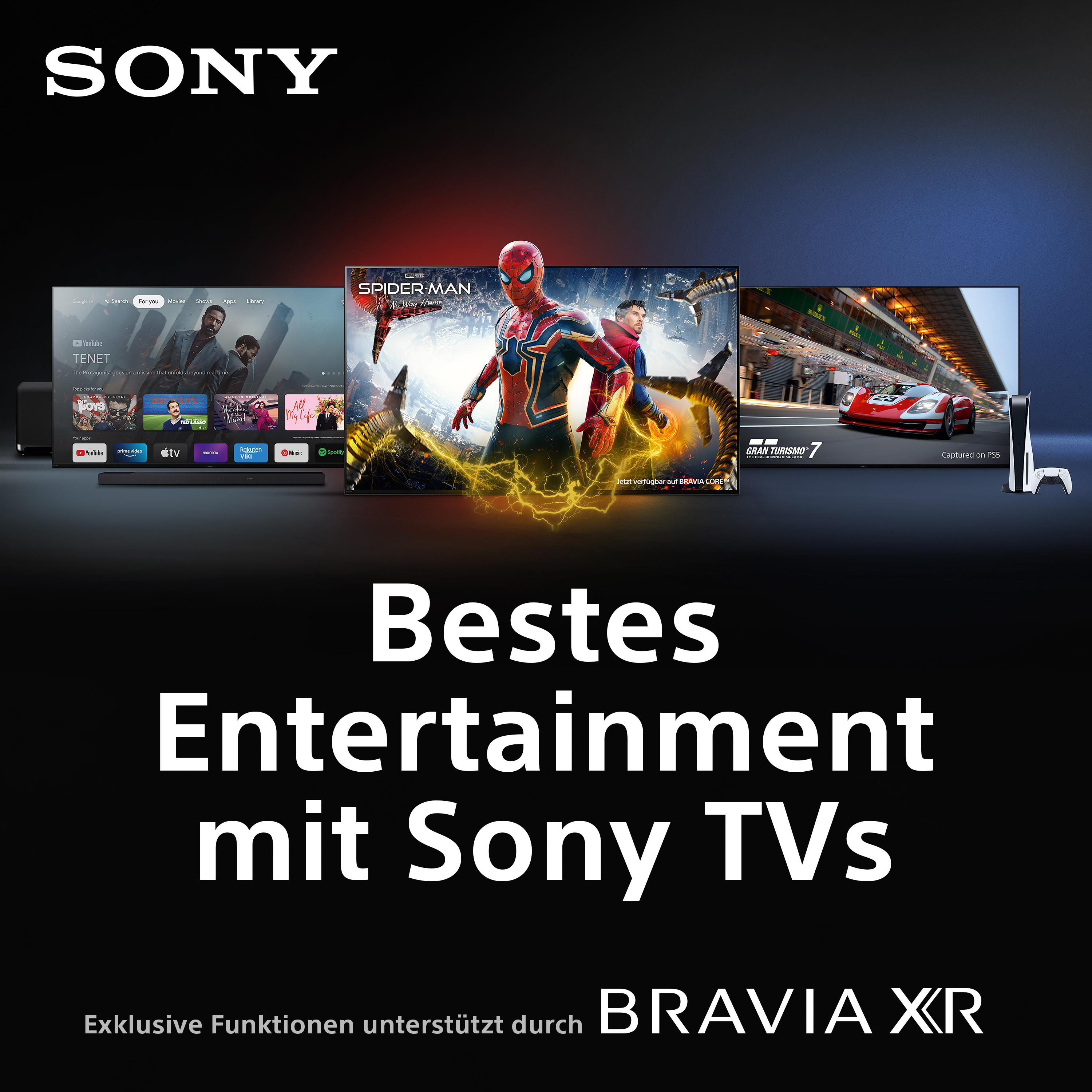 Sony TV-Werbung. Zeigt verschiedene Fernseher mit unterschiedlichen Inhalten und das Sony-Logo.