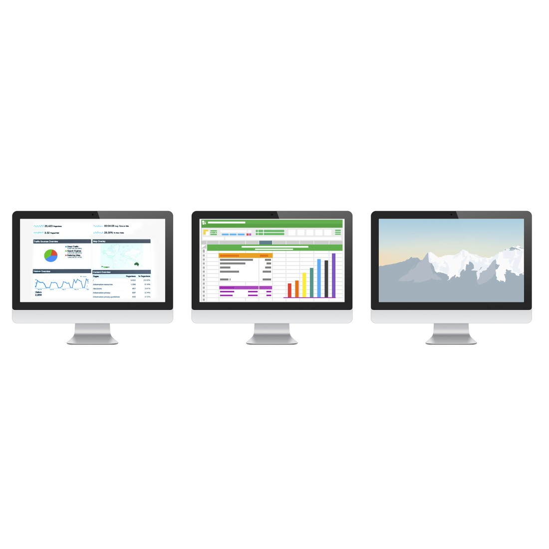 Drei Computermonitore mit Diagrammen und Daten. Weißer Hintergrund.
