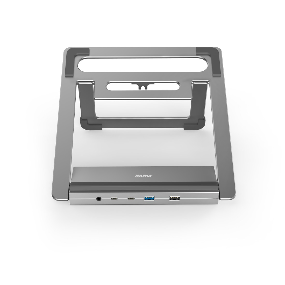 Silberner und grauer Laptop-Ständer mit Anschlüssen.