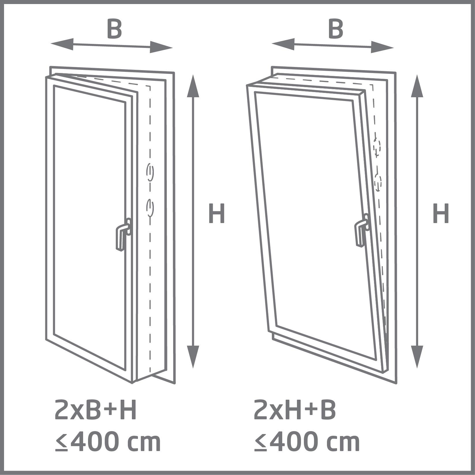 Fenster mit Maßen und Diagrammen. Zeigt zwei Fensteröffnungsoptionen.