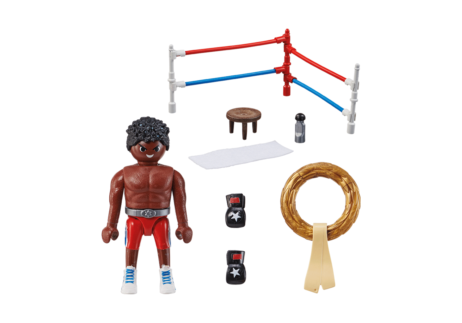 Ein Boxring mit einer Boxerfigur, Gewichten und anderem Zubehör, alles auf weißem Hintergrund.