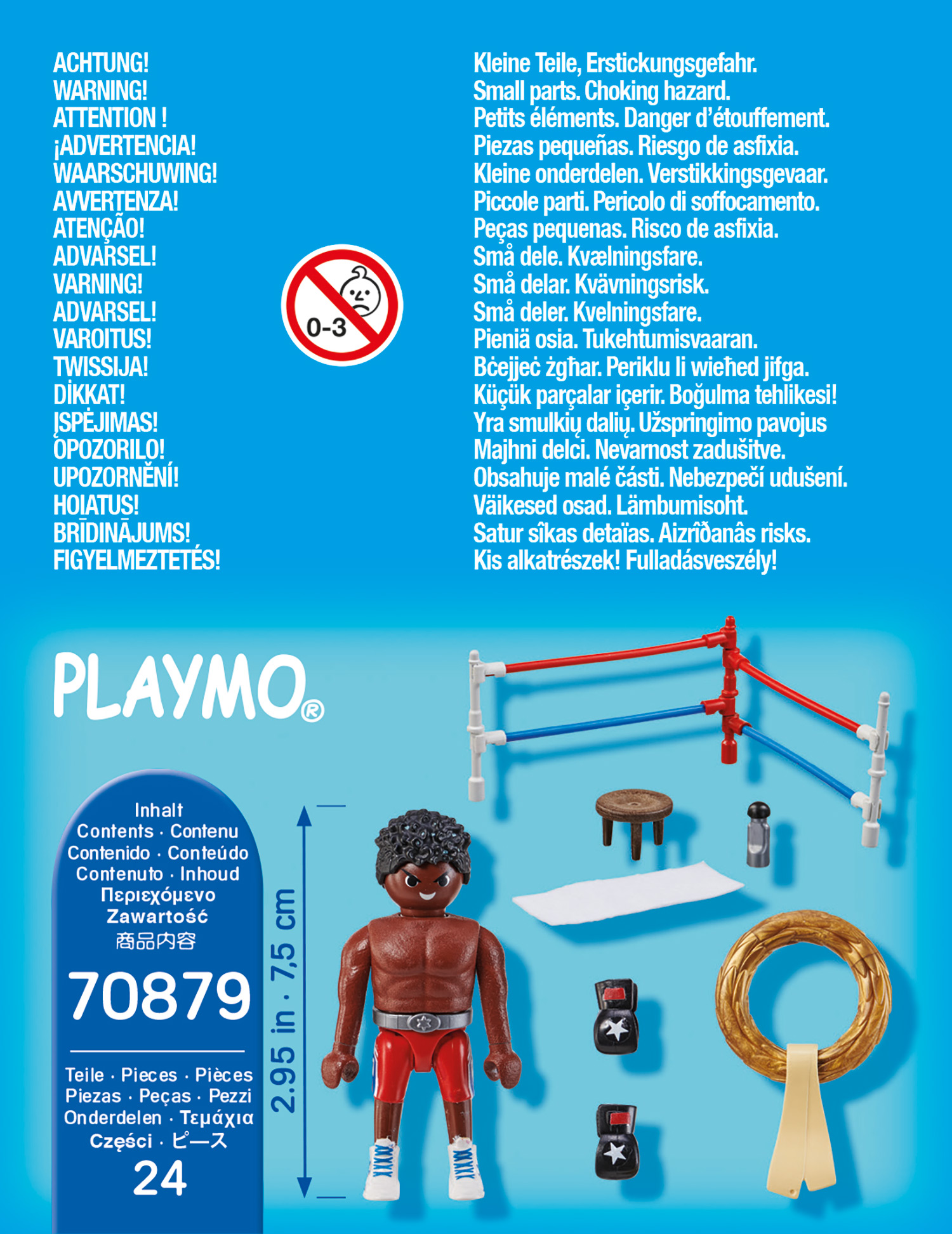 Playmobil-Spielset mit Boxer-Figur, Ring und Zubehör. Warnhinweis sichtbar.