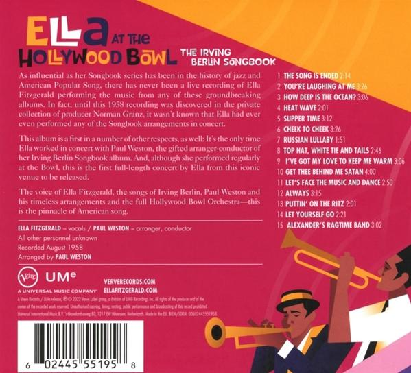 Rückseite einer CD-Hülle mit Text über Ella Fitzgerald. Ein Mann spielt Trompete.