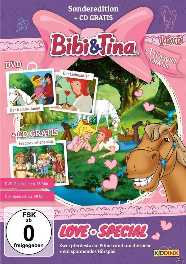 DVD-Cover für Bibi & Tina, Zeichentrickpferde. Rosa Hintergrund. CD inklusive. Titel: Love Special.