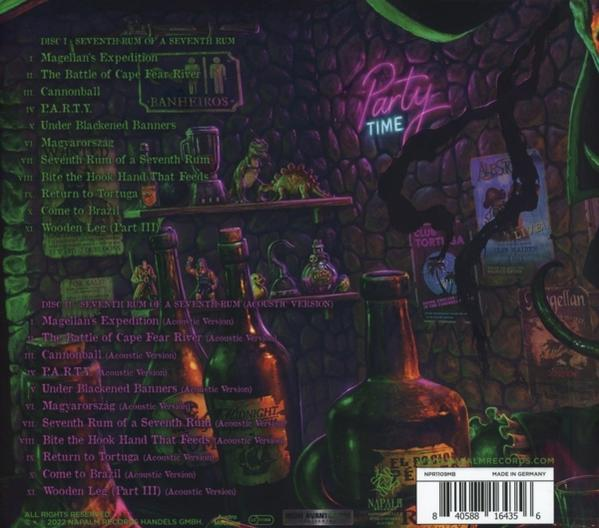 CD-Cover mit Flaschen, Text und Neon-Schild 'Party Time'.