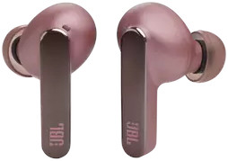 Twee roze JBL-oordopjes op een witte achtergrond, close-up.