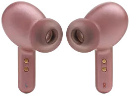 Twee roze draadloze oordopjes. Ze kijken naar links, met de letters L en R.