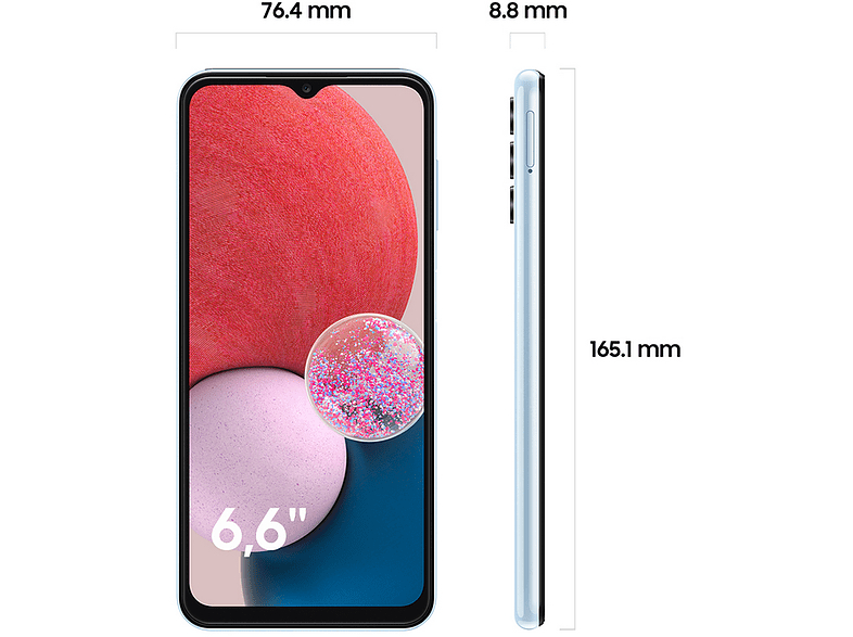 Un teléfono inteligente azul, con dimensiones, mostrando su frente y lateral.