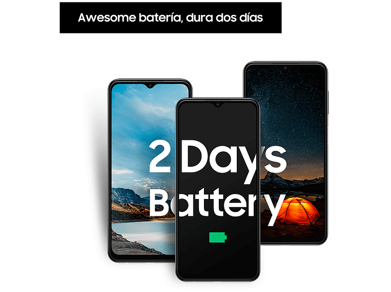 Tres teléfonos con diferentes imágenes de pantalla. Texto: '2 días de batería'. Fondo blanco.