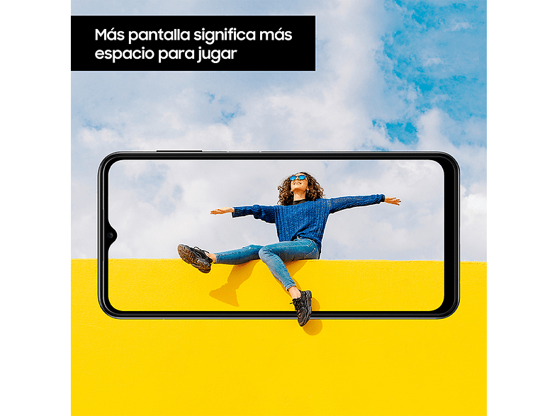Un teléfono inteligente que muestra a una mujer con gafas de sol sobre una superficie amarilla contra un cielo azul.