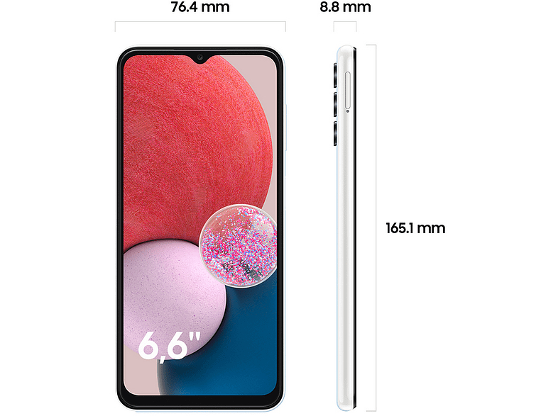 Smartphone mostrando vistas frontal y lateral. Dimensiones y un efecto de purpurina rosa.