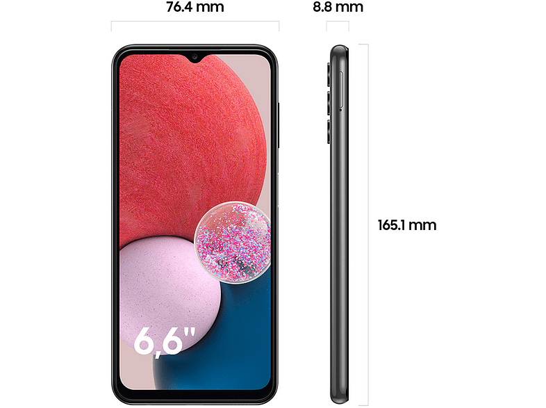 Smartphone con pantalla. Dimensiones: altura 165,1 mm, ancho 76,4 mm, grosor 8,8 mm.