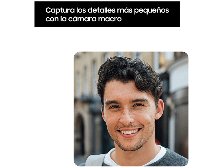Cara de hombre enfocada, capturada con cámara macro. Texto: Captura los detalles más pequeños.