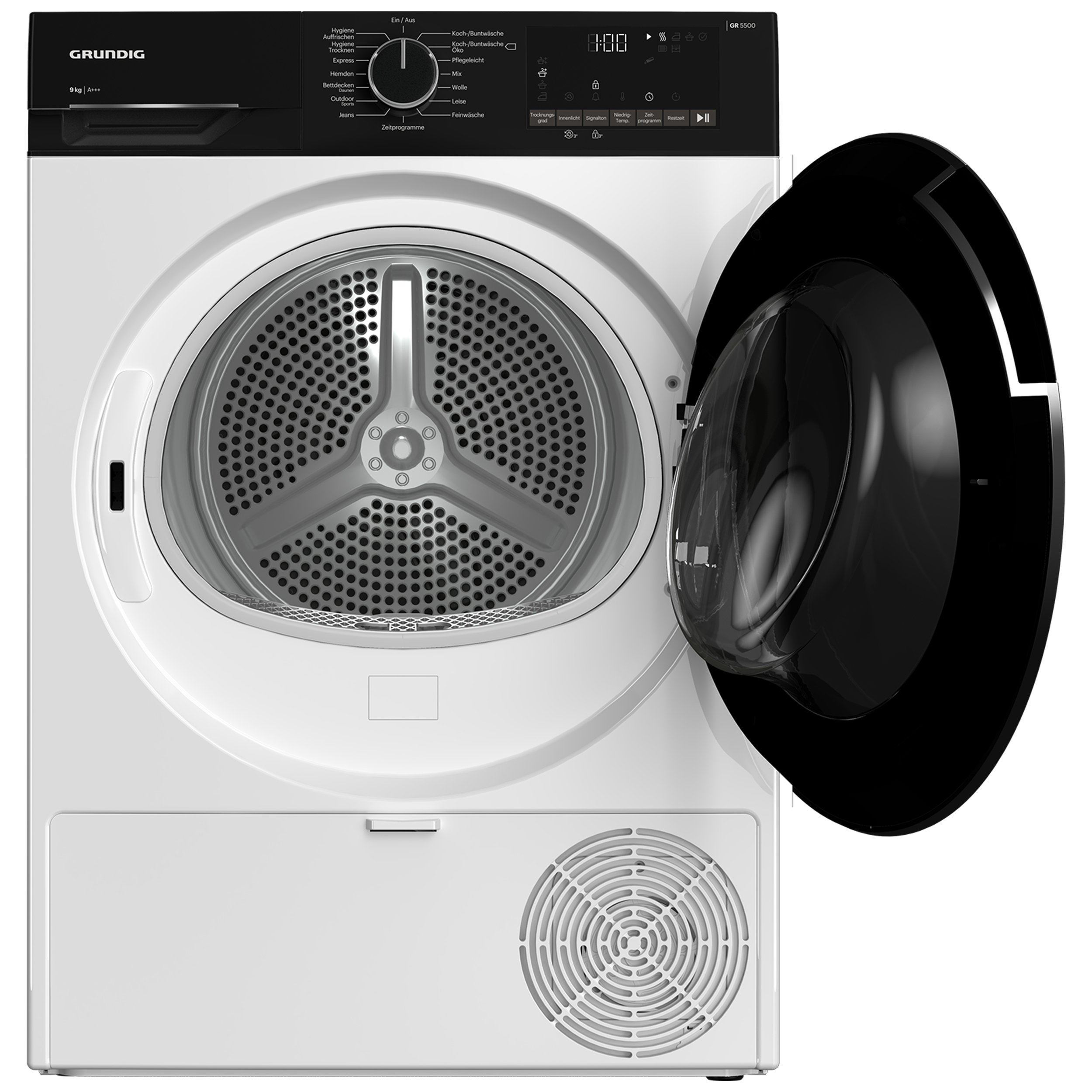 Weißer Grundig Trockner mit offener Tür, die das Trommelinnere zeigt. Das Bedienfeld befindet sich oben.