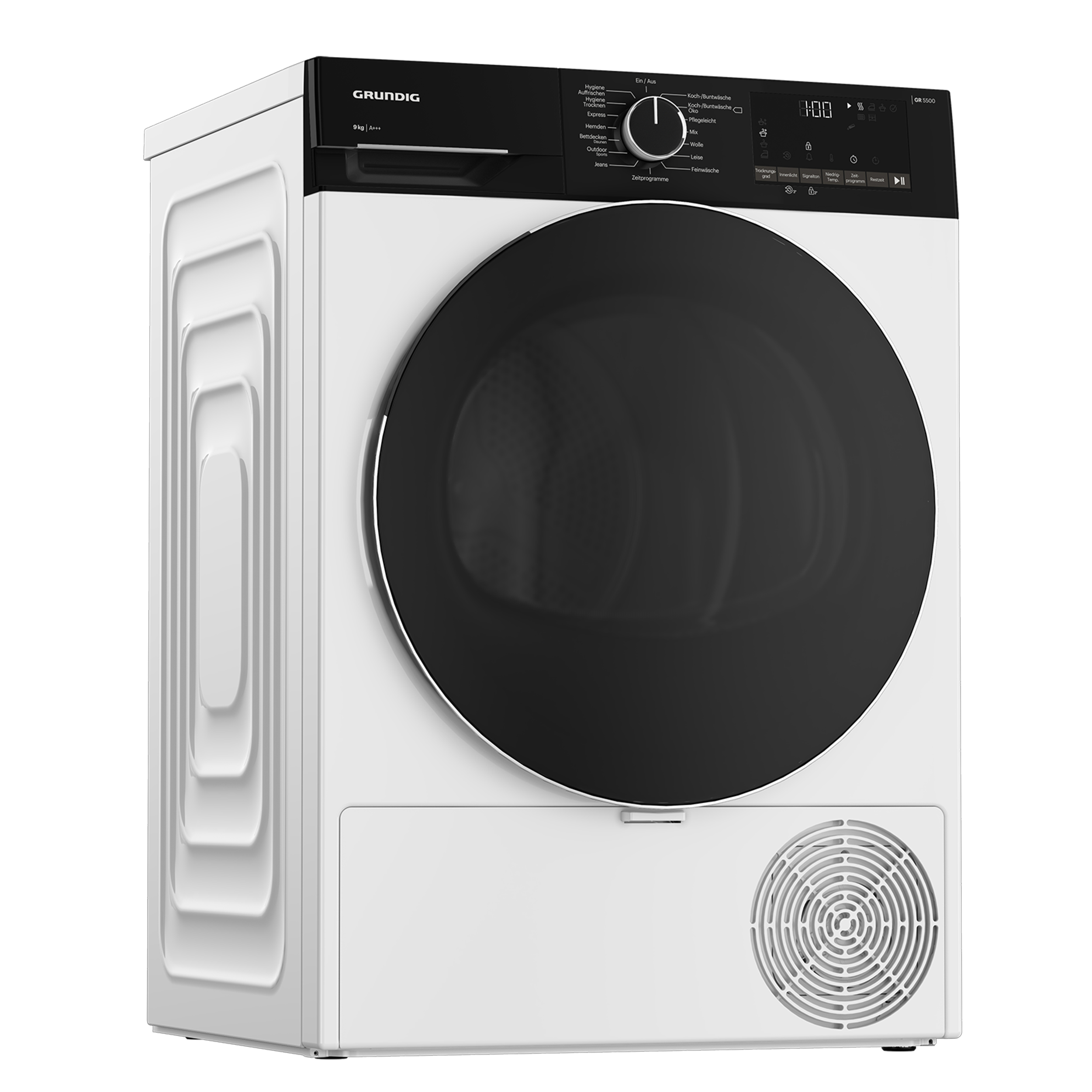 Eine weiße Grundig Trocknermaschine. Oben hat sie ein schwarzes Bedienfeld und in der Mitte eine runde Tür.