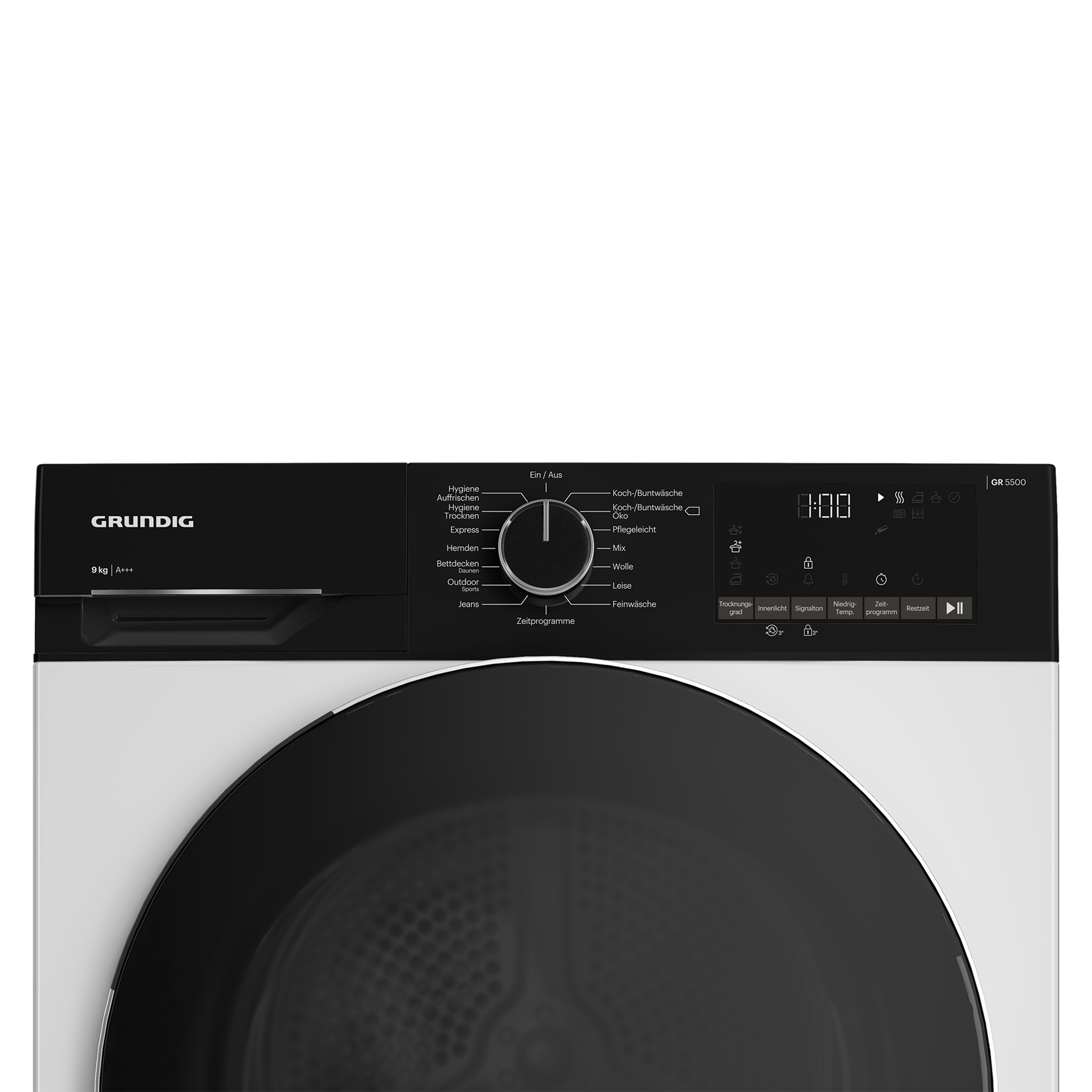 Nahaufnahme des Bedienfelds einer Waschmaschine. Zeigt verschiedene Einstellungen und eine digitale Anzeige.