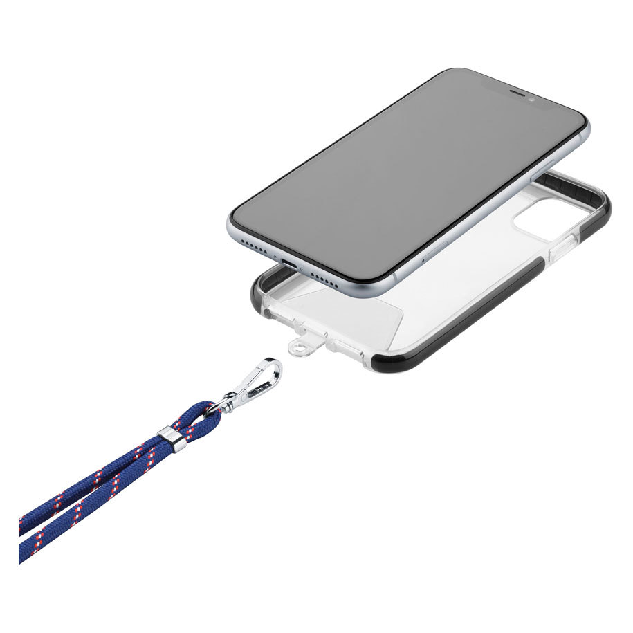 Teléfono en una funda transparente, con un cordón de cuerda azul y rojo adjunto. El teléfono está ligeramente inclinado.