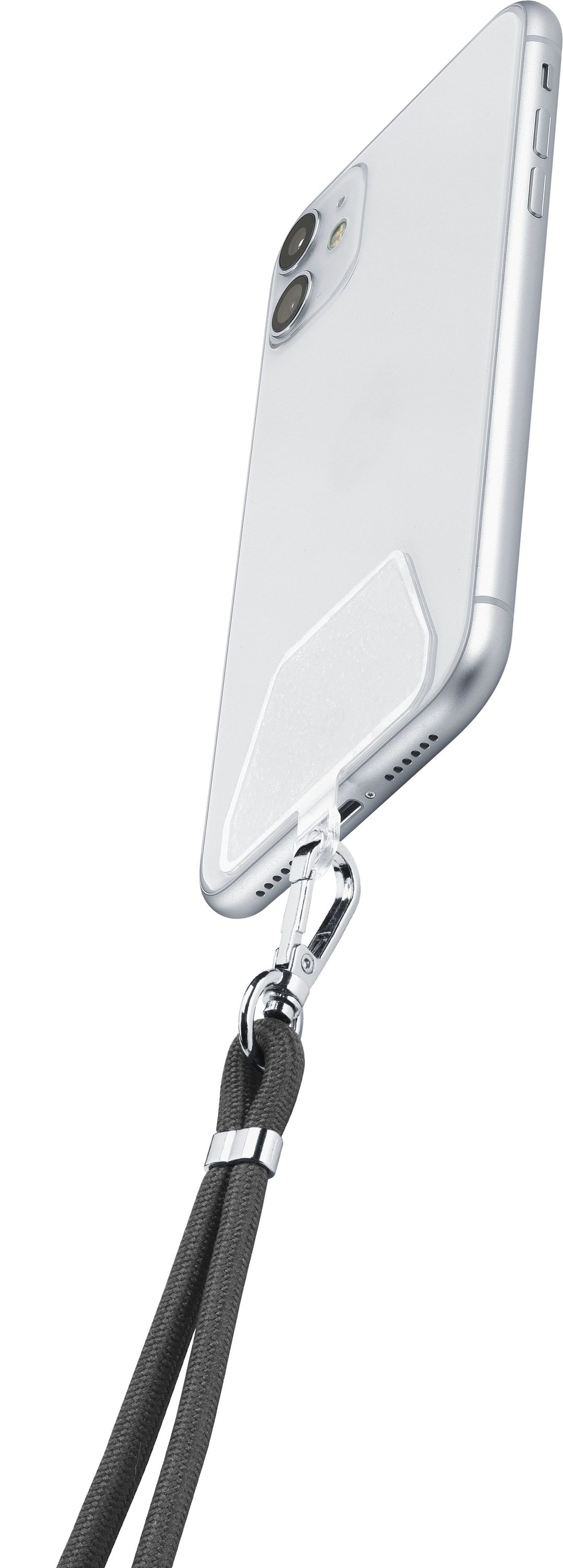 Teléfono blanco con un cordón adjunto. El cordón es gris y negro.