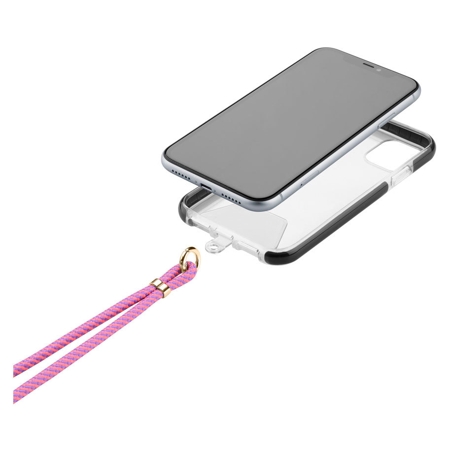 Funda de teléfono con cordón rosa. El teléfono es gris y la funda transparente.