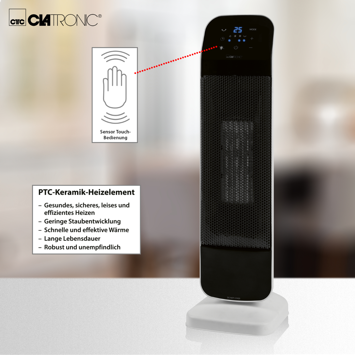 Schwarzer Clatronic-Keramikheizer mit Touch-Sensor-Funktionen.