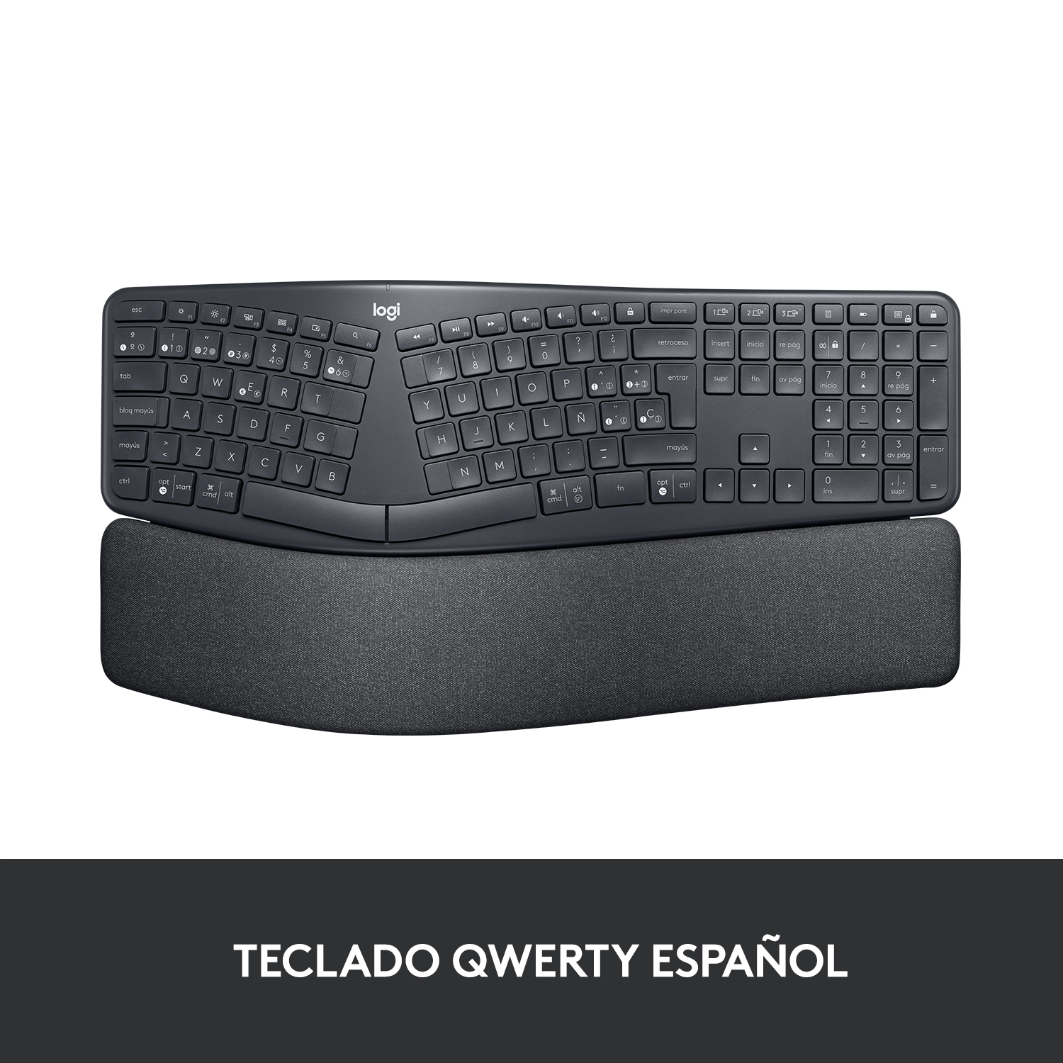 Teclado ergonómico Logitech con diseño curvo y reposamuñecas.