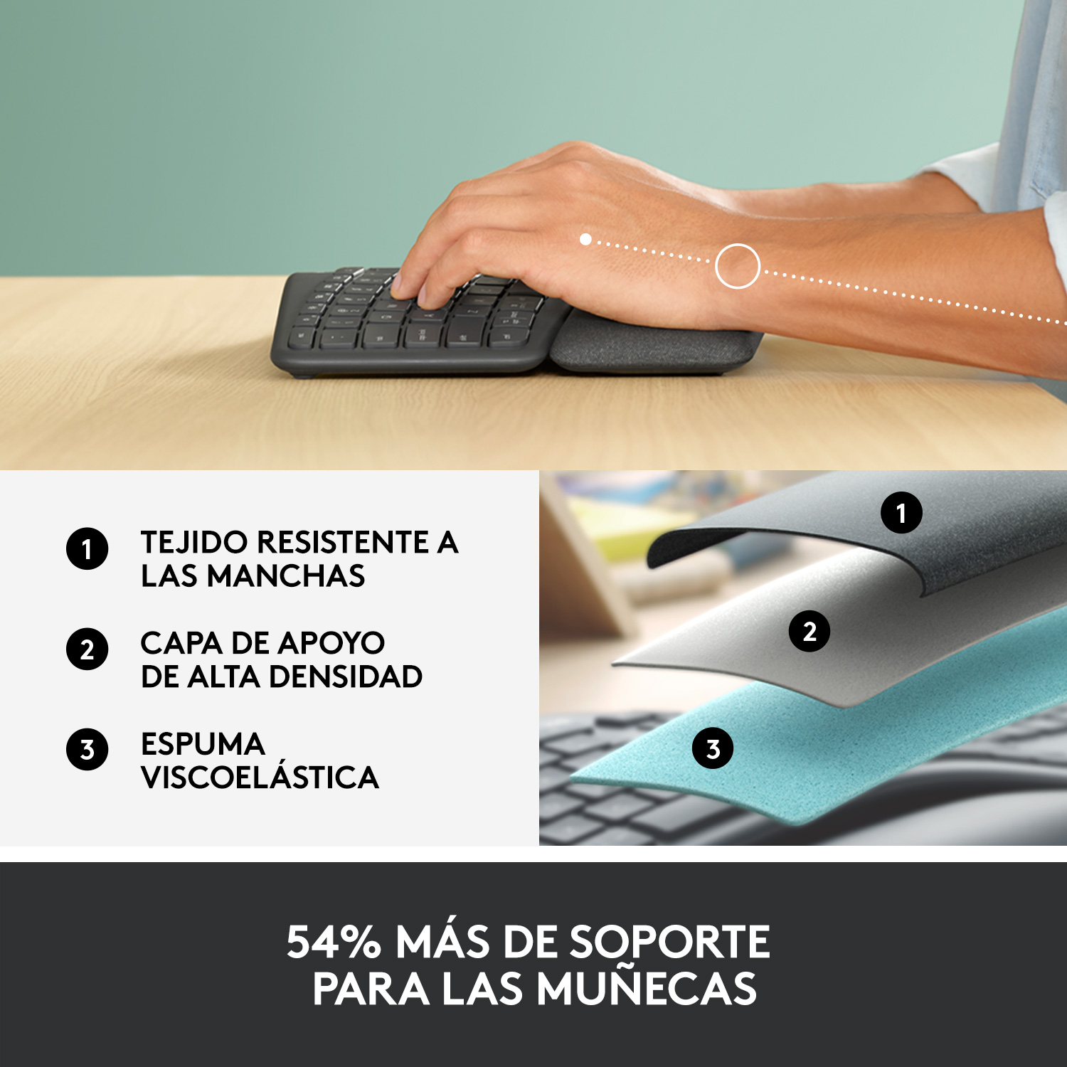 Primer plano de las manos de una persona escribiendo en un teclado negro con soporte para la muñeca.