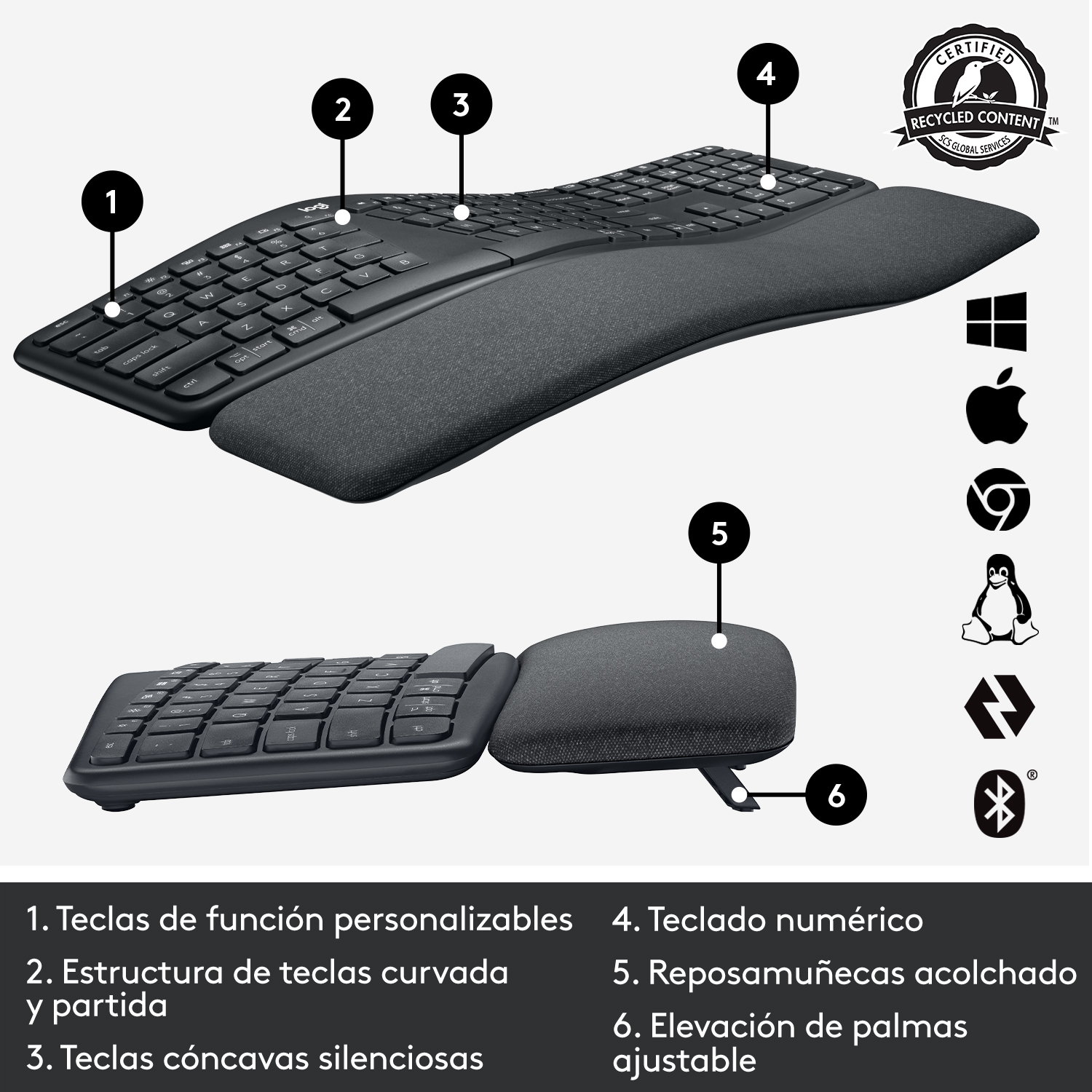Teclado negro ergonómico con reposamuñecas gris.