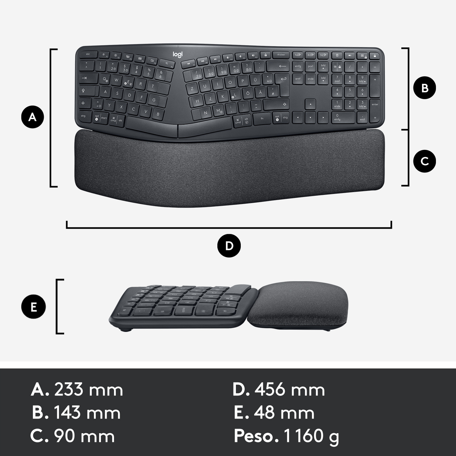 Teclado ergonómico con medidas, más reposamuñecas, negro y gris.