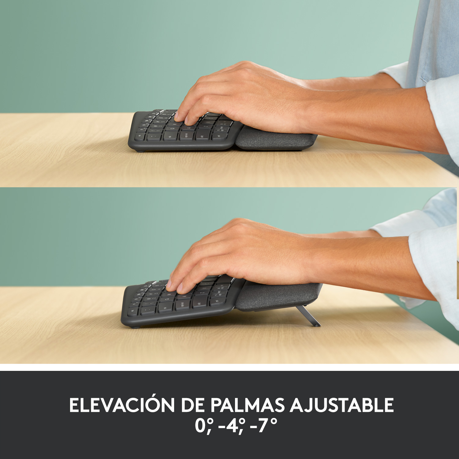 Manos en un teclado ergonómico dividido, con detalles de elevación ajustable del reposamuñecas.