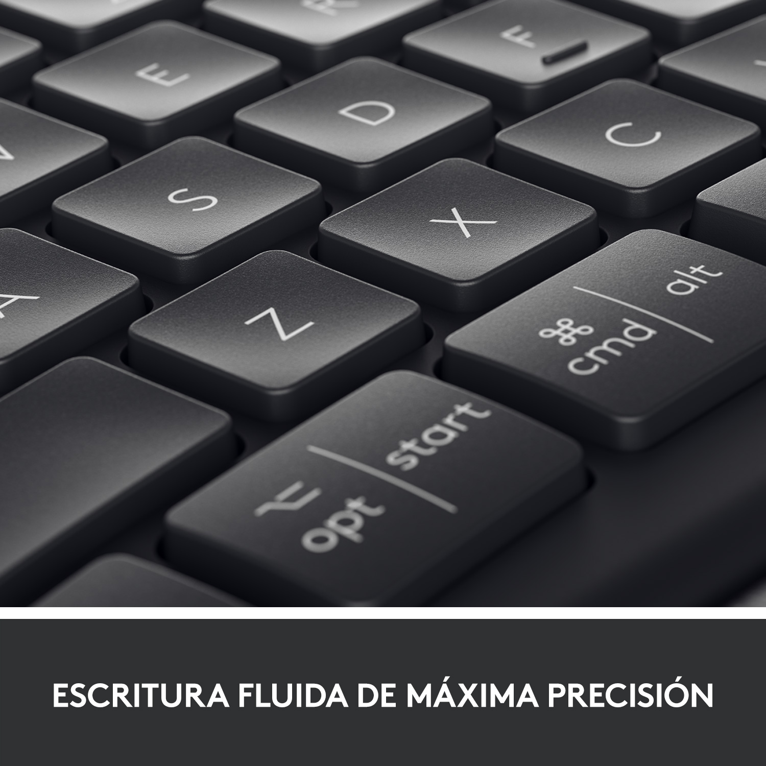 Primer plano de teclas de teclado negro. Texto: Escritura fluida para máxima precisión.