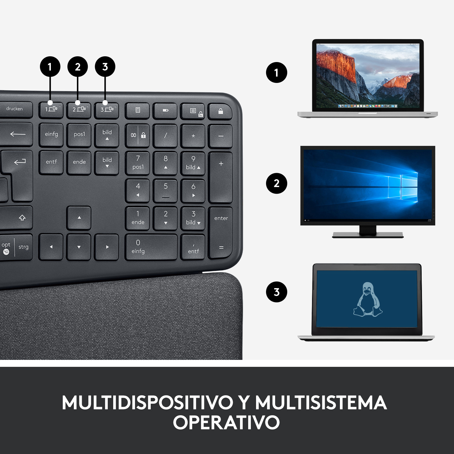 Un teclado negro con reposamuñecas y tres pantallas que muestran diferente contenido.