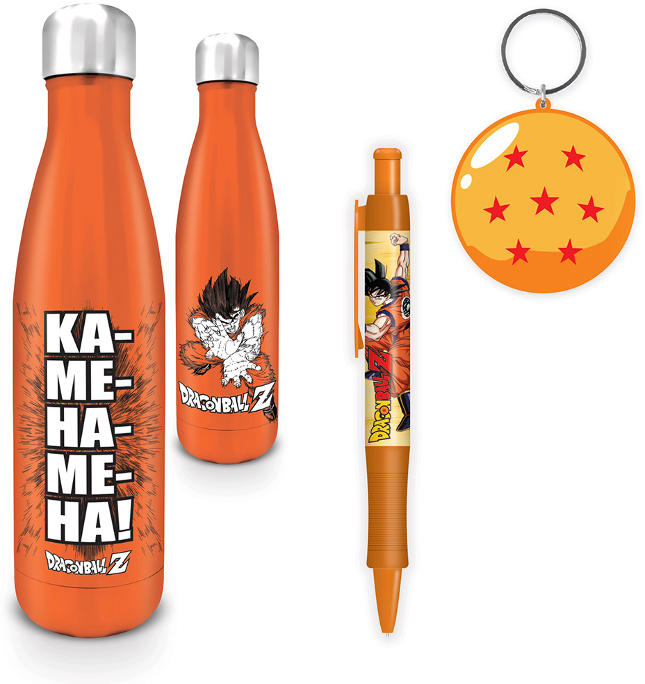 Narancssárga Dragon Ball Z palackok, toll és kulcstartó. A palackokon szöveg és egy karakter látható. A tollon Goku látható. A kulcstartó egy labda.