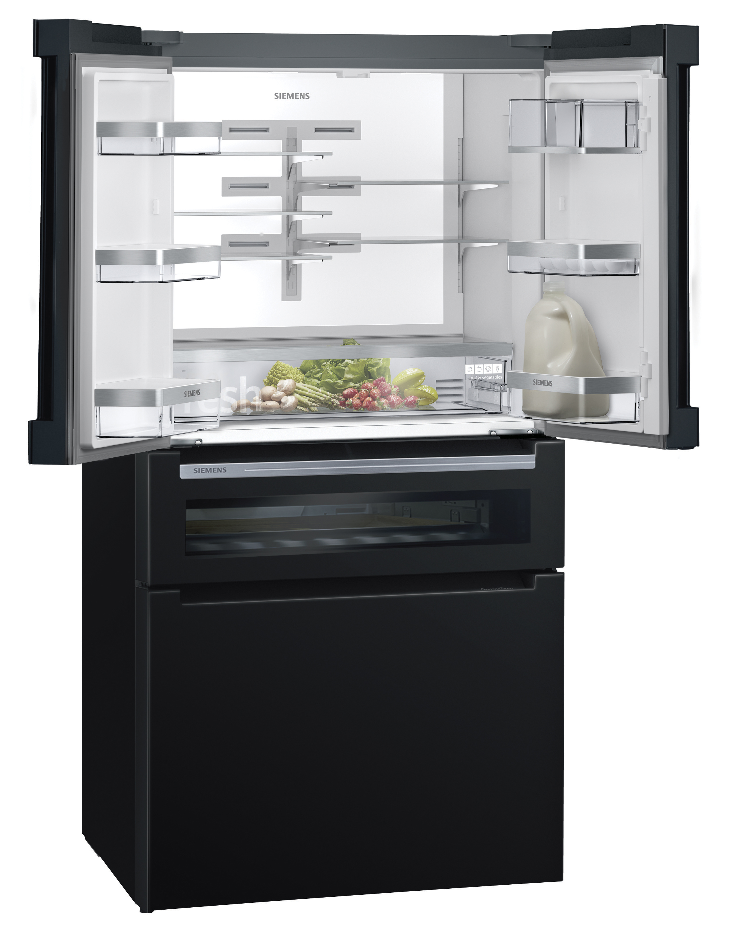 Un refrigerador negro con puertas abiertas. Hay productos frescos dentro. Tiene dos secciones.