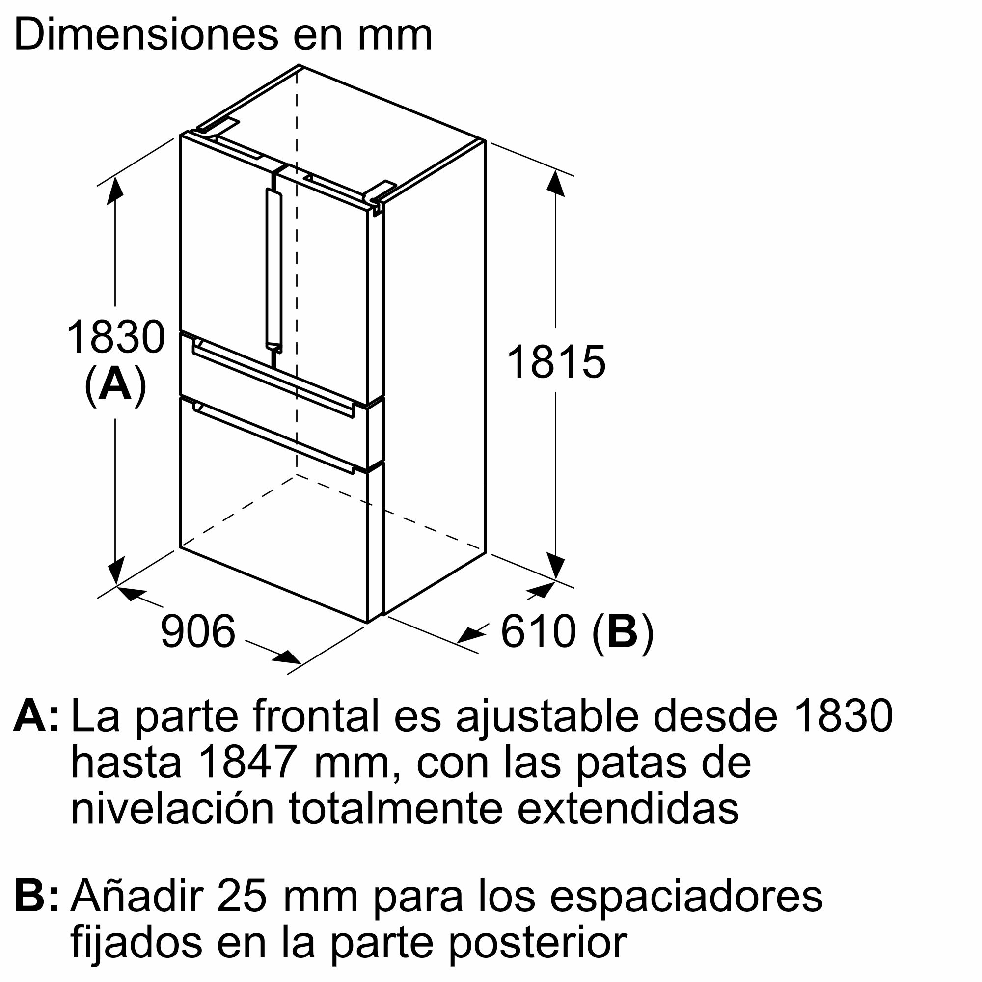 Diagrama isométrico de un refrigerador con dimensiones etiquetadas.