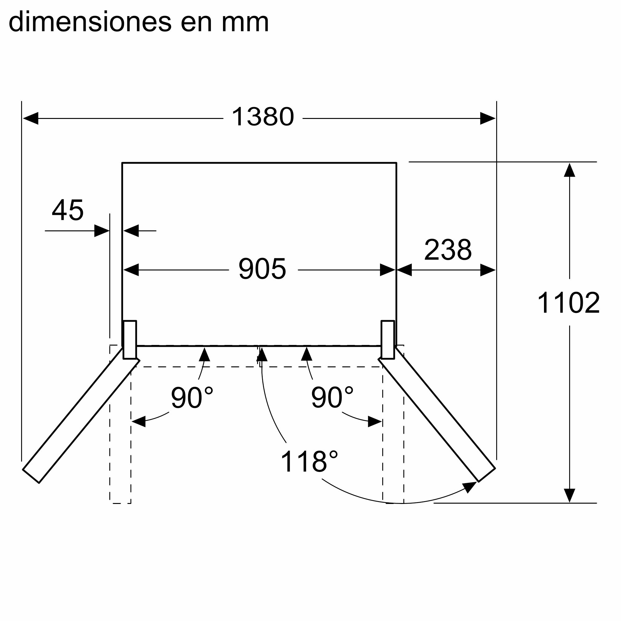 Dibujo técnico con dimensiones. Muestra un armario con puertas abiertas.