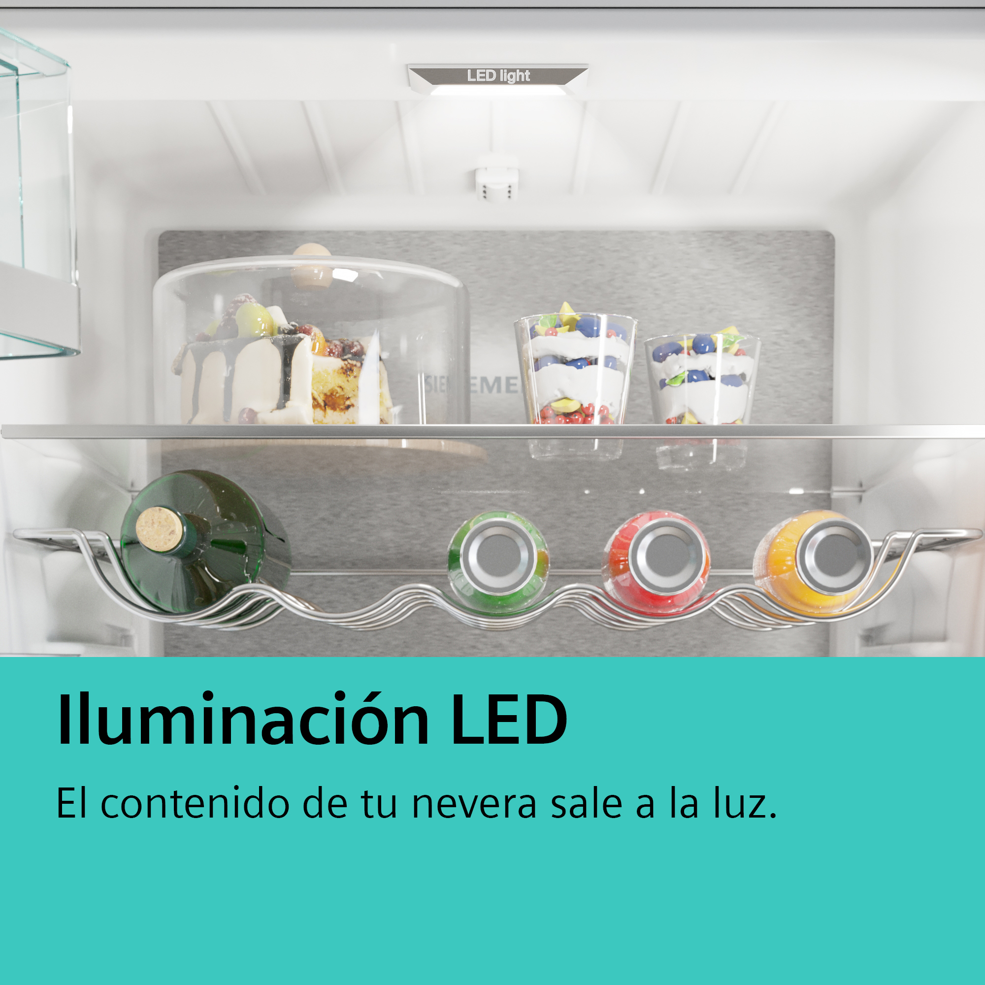 Interior de un refrigerador con alimentos e iluminación LED.